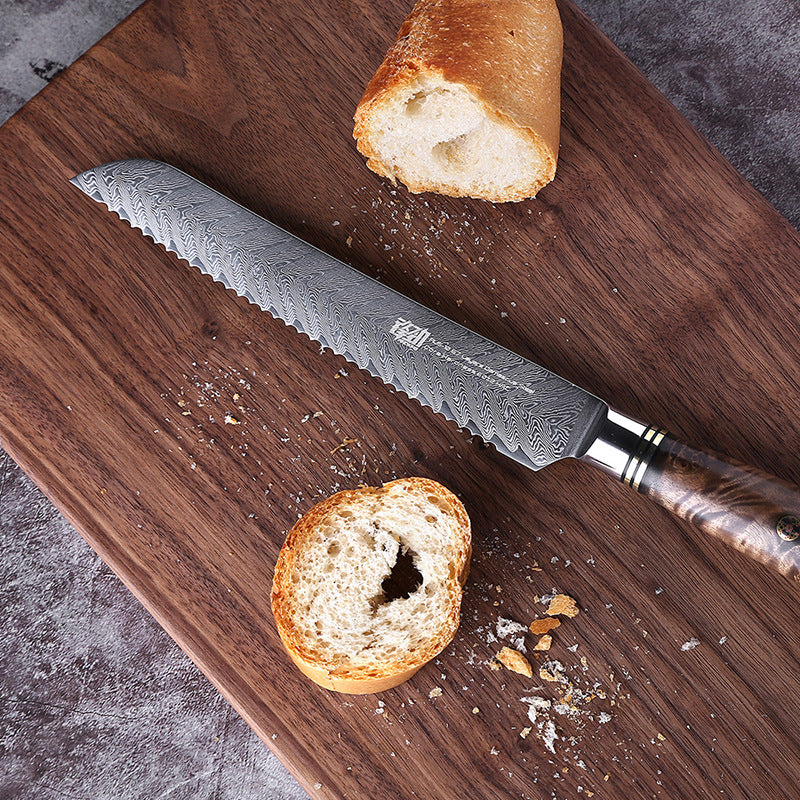 Damascus 8 Inch Fish Bone Handle Bread Knife - KingCutlery