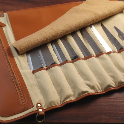 Kitchen Chef Knife Bag Roll Bag Synthetic Leather Knife Carrying Storage Case with 10 Pockets - KingCutlery