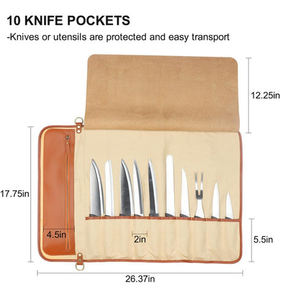 Kitchen Chef Knife Bag Roll Bag Synthetic Leather Knife Carrying Storage Case with 10 Pockets - KingCutlery