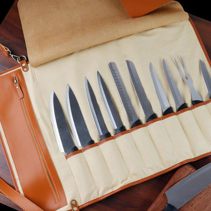 Kitchen Chef Knife Bag Roll Bag Synthetic Leather Knife Carrying Storage Case with 10 Pockets - KingCutlery